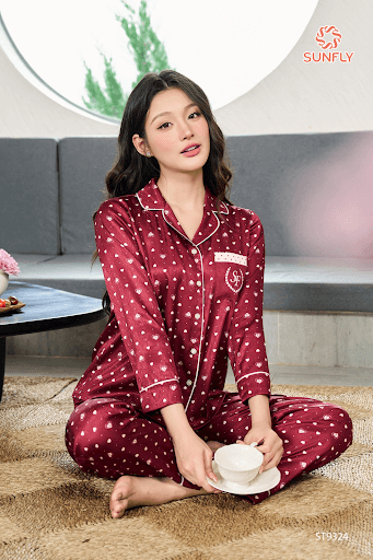 Bộ pijama nữ lụa gấm vân gỗ