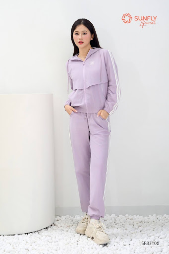 Set đồ nữ gió co giãn áo dài kéo khóa có mũ quần dài SFB3100