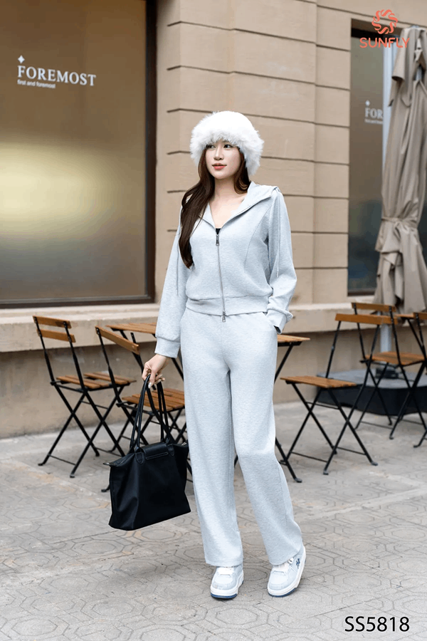 Bộ thể thao nữ poly cotton 2 da áo dài kéo khóa có mũ quần dài SS5818