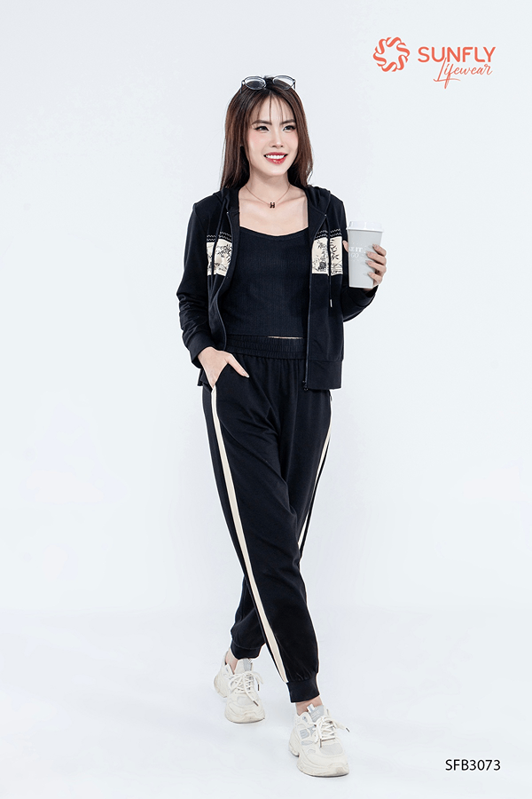 Set đồ nữ cotton áo kéo khóa có mũ quần dài SFB3073