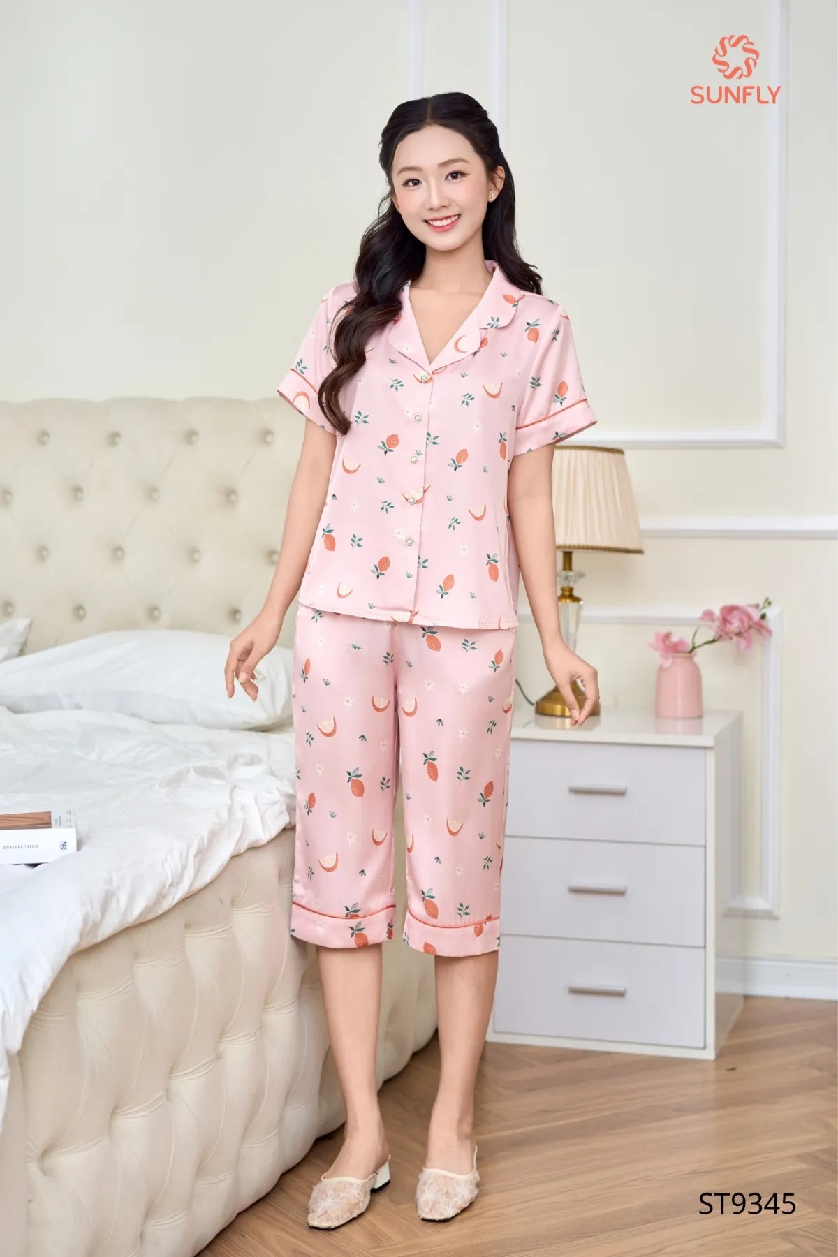 Bộ pijama nữ lụa latin áo cộc quần ngố ST9345