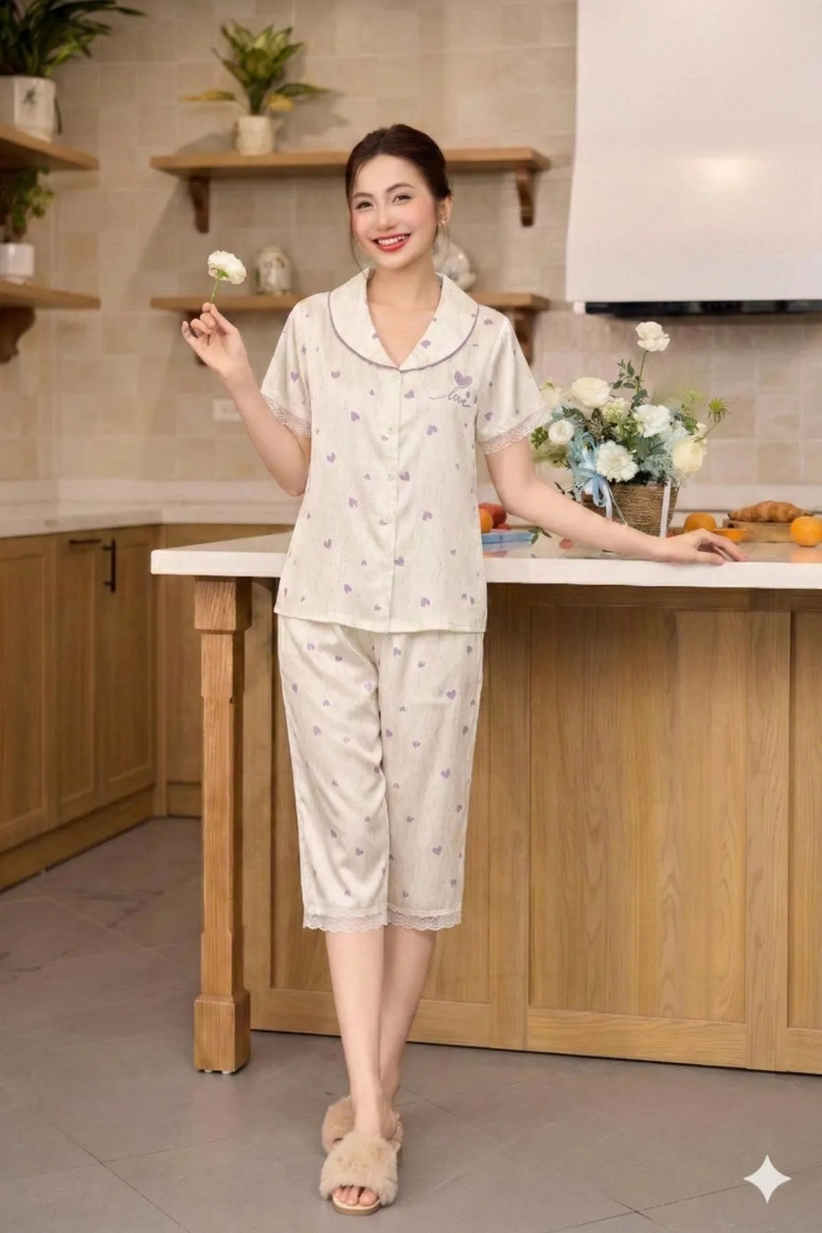Bộ pijama nữ lụa latin ht độc quyền áo cộc quần ngố ST9351