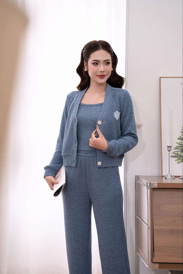 Set 3 len áo dây - áo khoác - quần suông dài