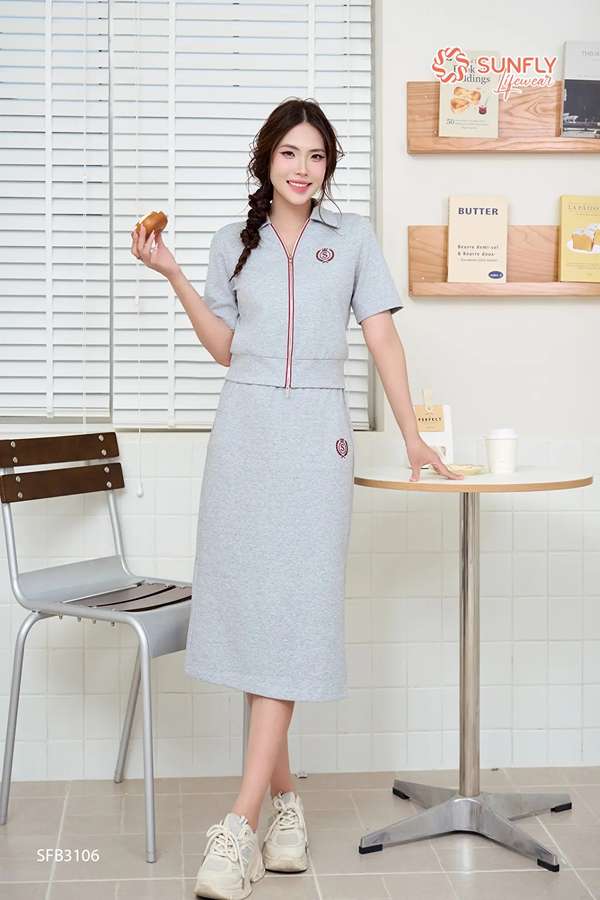 Set đồ nữ poly cotton áo cộc tay kéo khóa chân váy dài