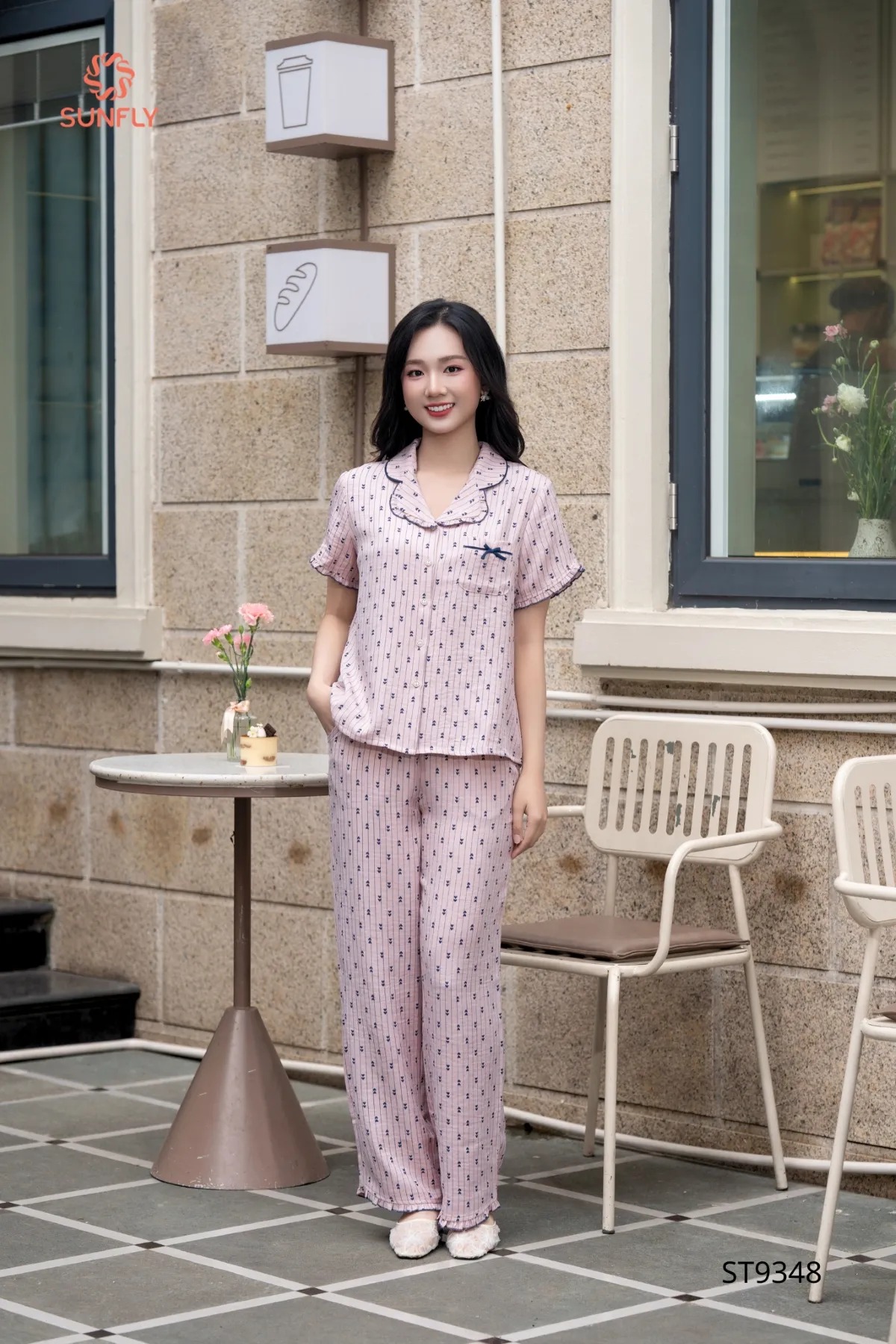 Bộ pijama nữ đũi vân mây áo cộc quần dài ST9348