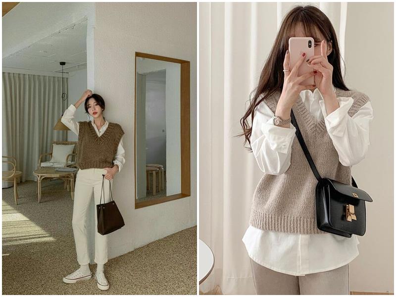Layer áo len cộc tay cùng sơ mi dáng suông