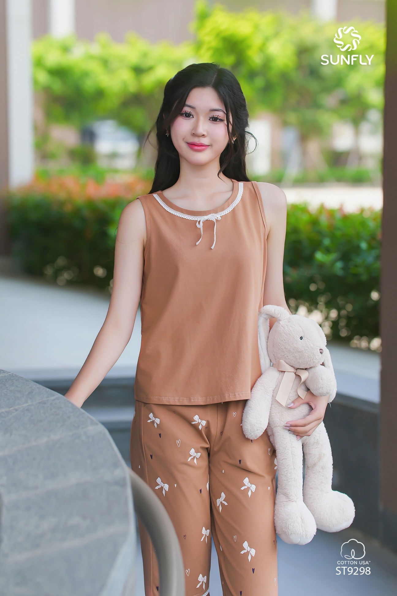 Đồ bộ mặc nhà nữ cotton USA áo sát nách quần trên gối ST9298