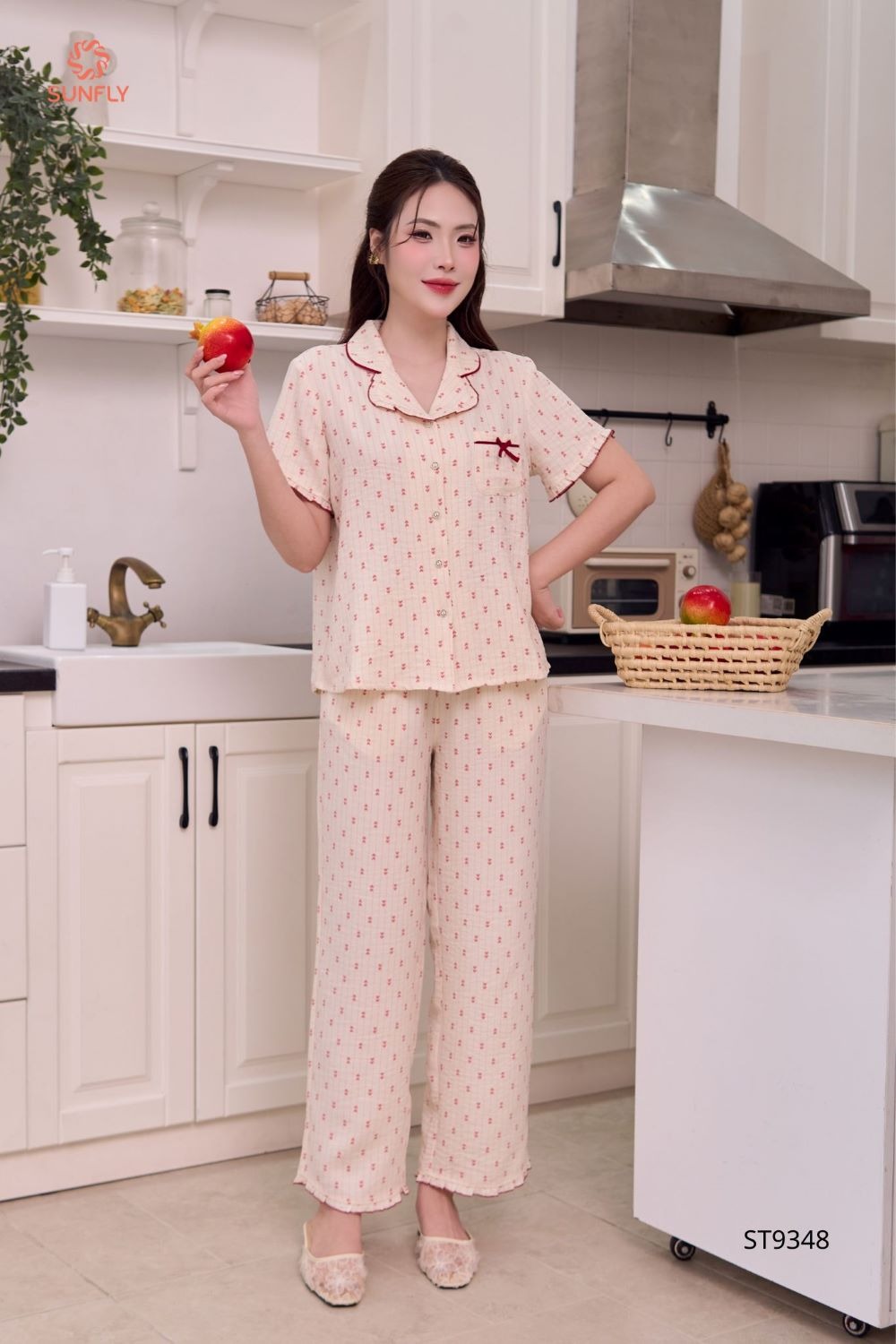 Bộ pijama nữ đũi vân mây áo cộc quần dài ST9348