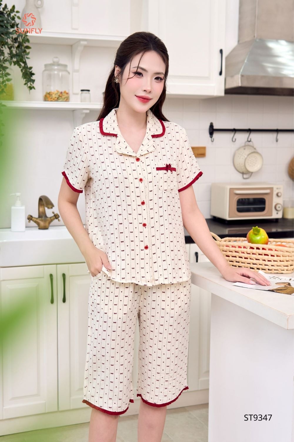 Bộ pijama nữ đũi vân mây áo cộc quần ngố ST9347