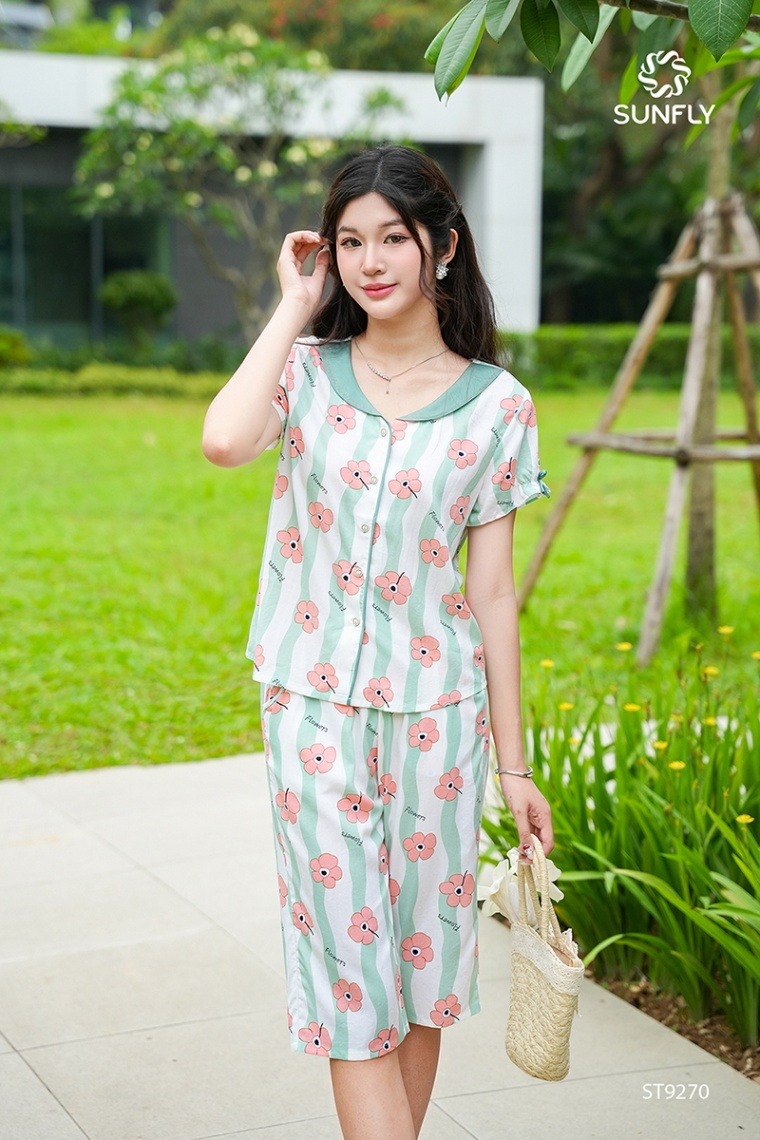 Bộ pijama nữ lanh ht áo cộc quần ngố ST9270