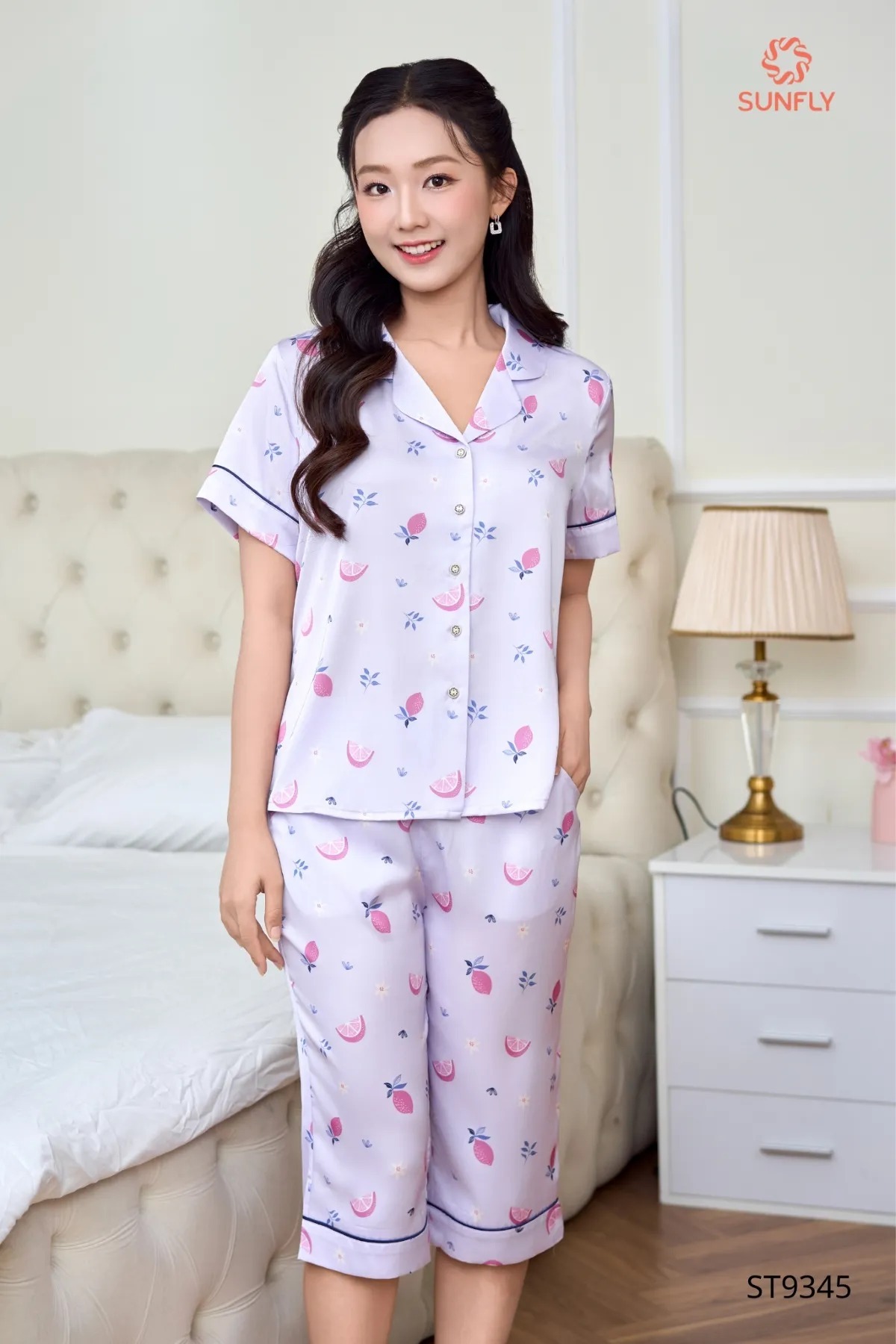 Bộ pijama nữ lụa latin áo cộc quần ngố ST9345