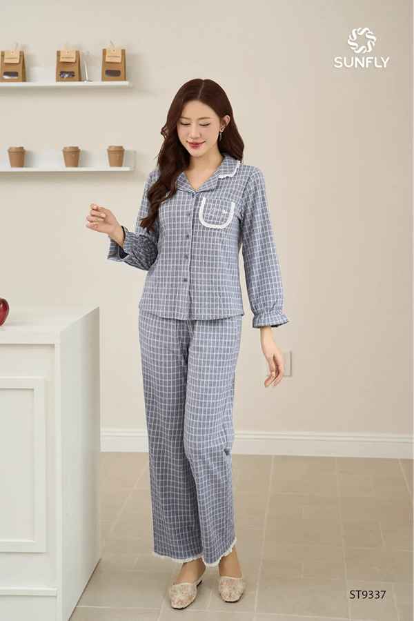 Bộ pijama nữ nỉ caro áo dài quần dài ST9337