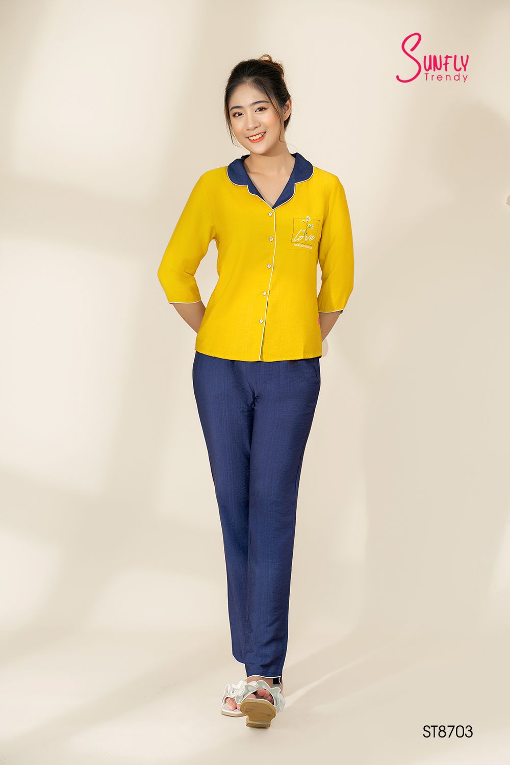 Bộ pijamas linen áo tay lỡ quần dài ST8703 M vàng