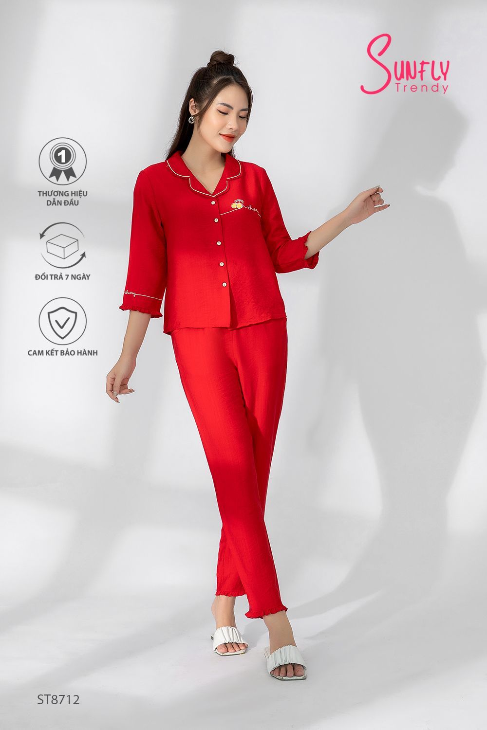 Bộ pijamas linen áo tay lỡ quần dài ST8712 XL đỏ mận