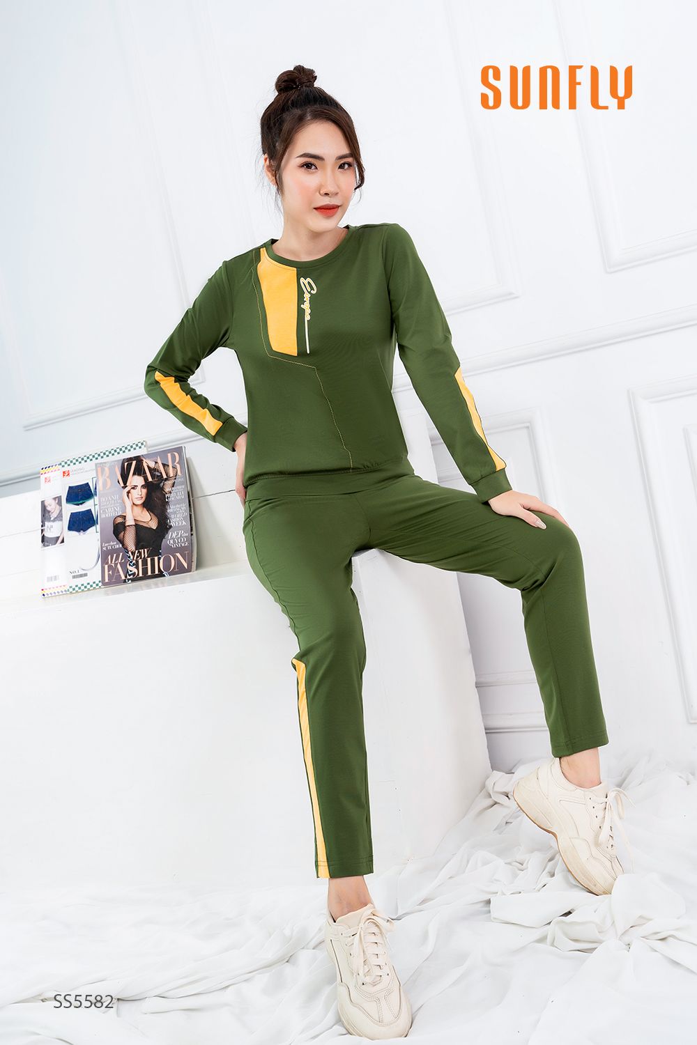 Bộ thể thao cotton áo dài quần dài SS5582 L xanh rêu