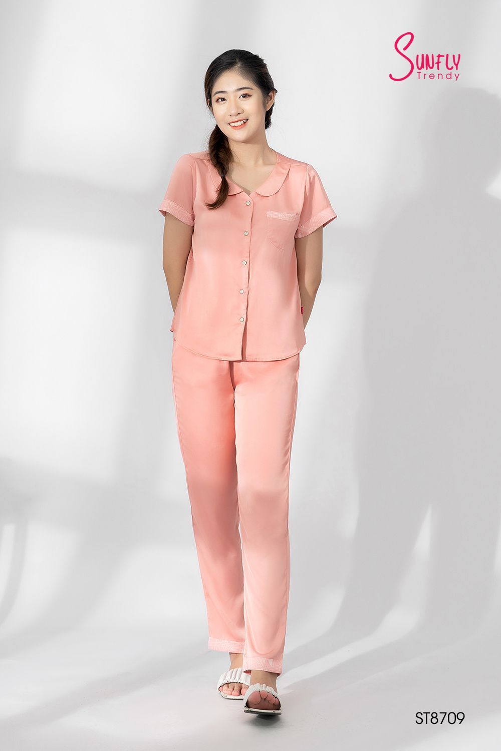 Bộ pijamas lụa áo cộc quần dài ST8709 M cam hồng