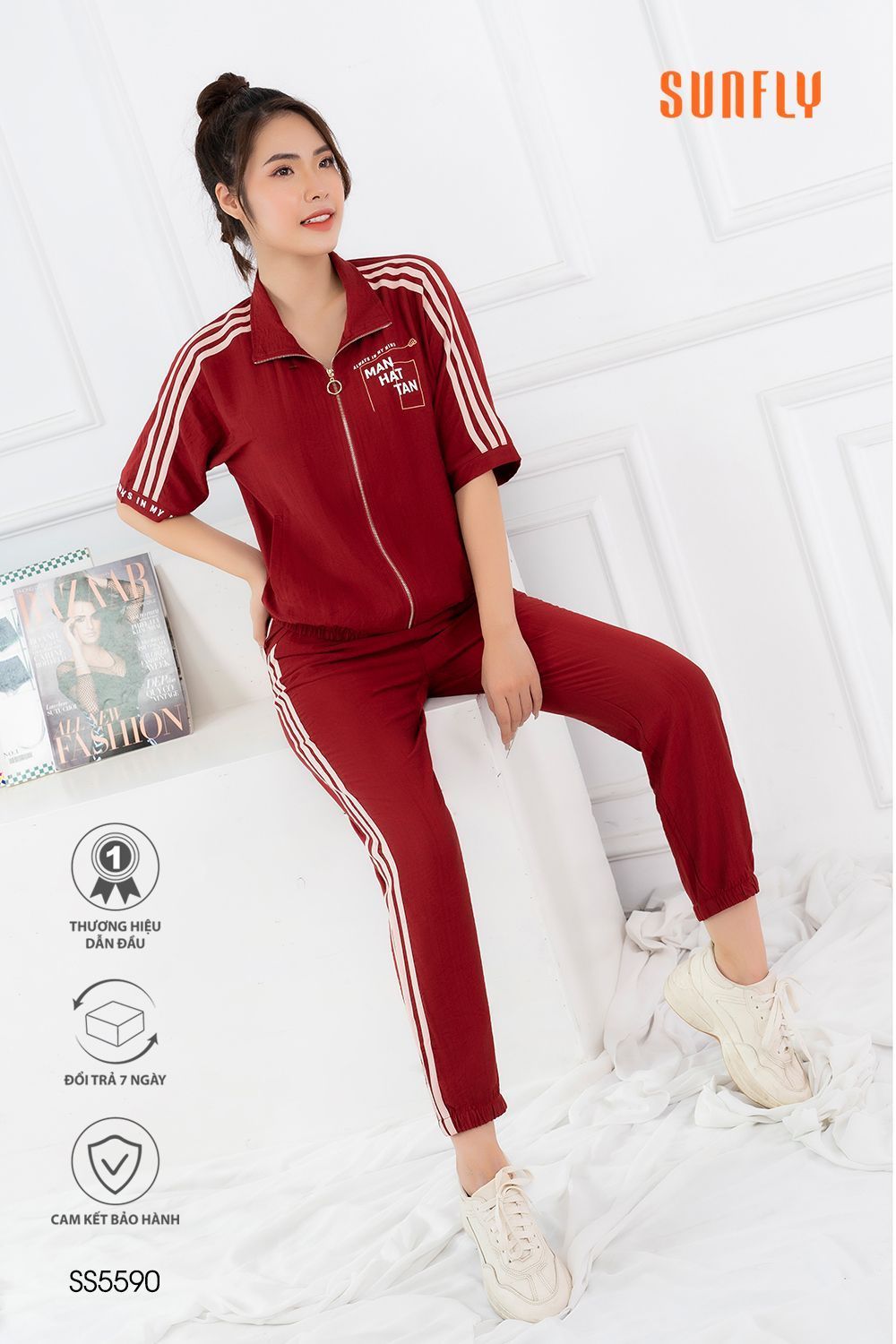 Bộ thể thao linen kéo khóa áo cộc quần dài SS5590