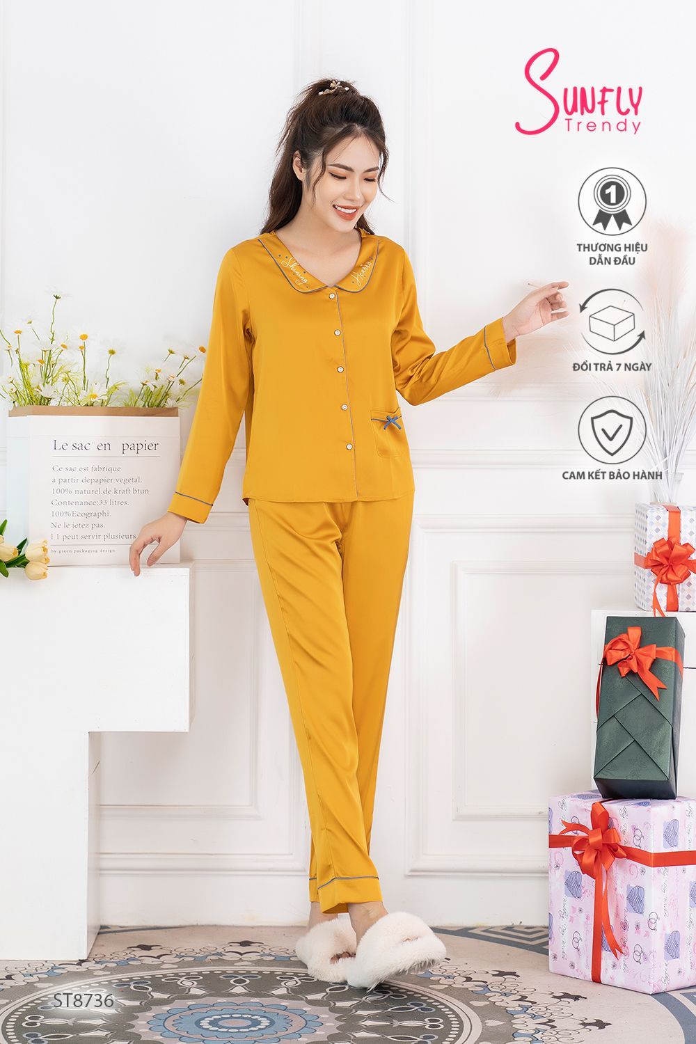 Bộ pijamas lụa áo dài quần dài ST8736