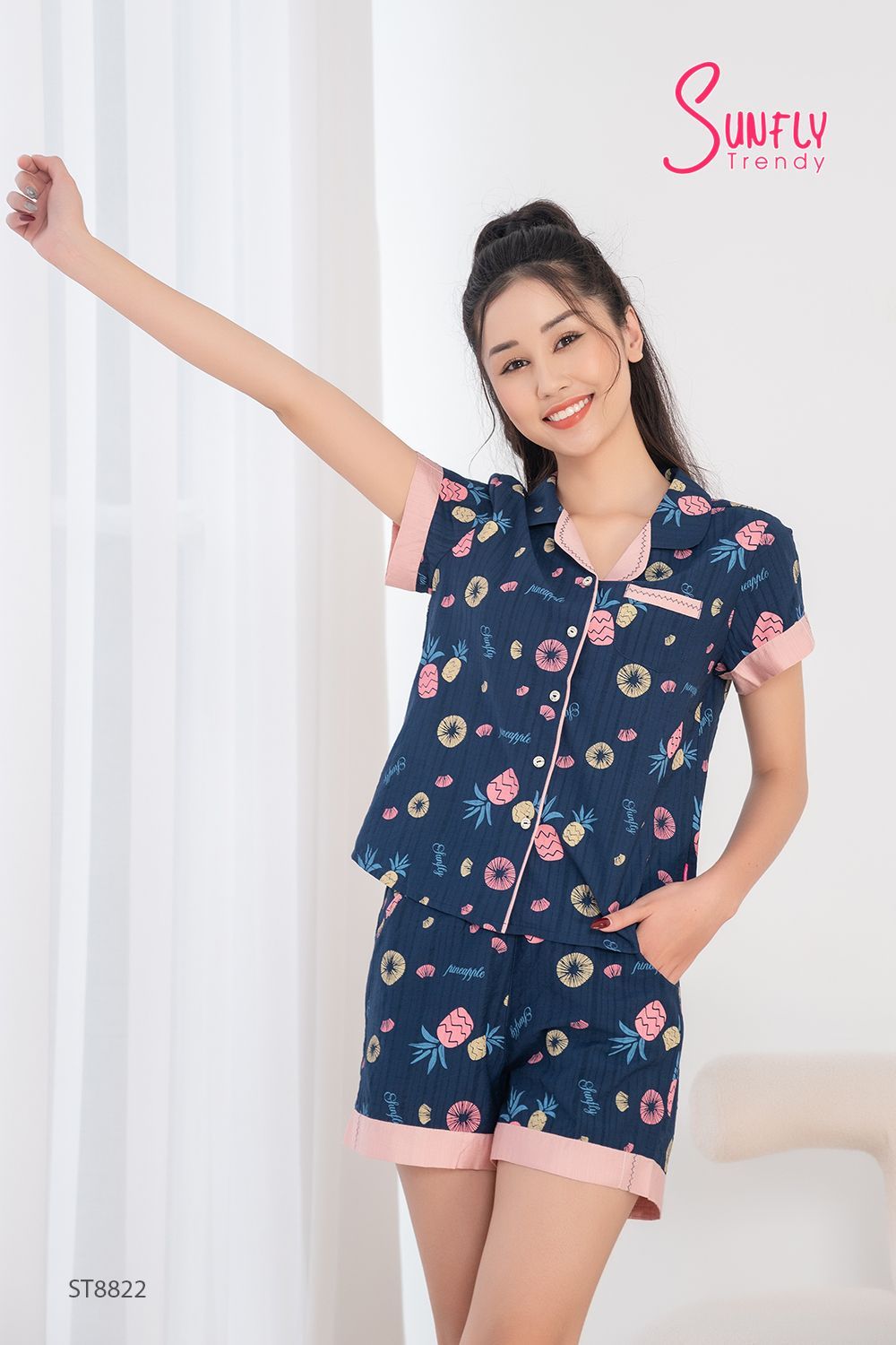 Bộ pijamas linen áo cộc quần sooc ST8822