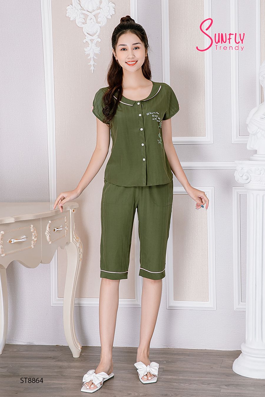 Bộ pijamas linen áo cộc quần ngố ST8864