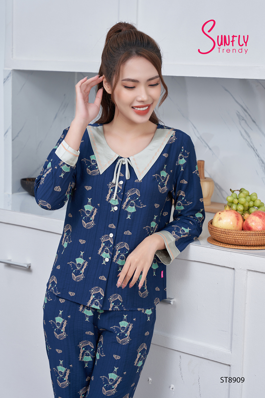 Bộ pijamas linen áo dài quần dài ST8909 L cô gái tím than