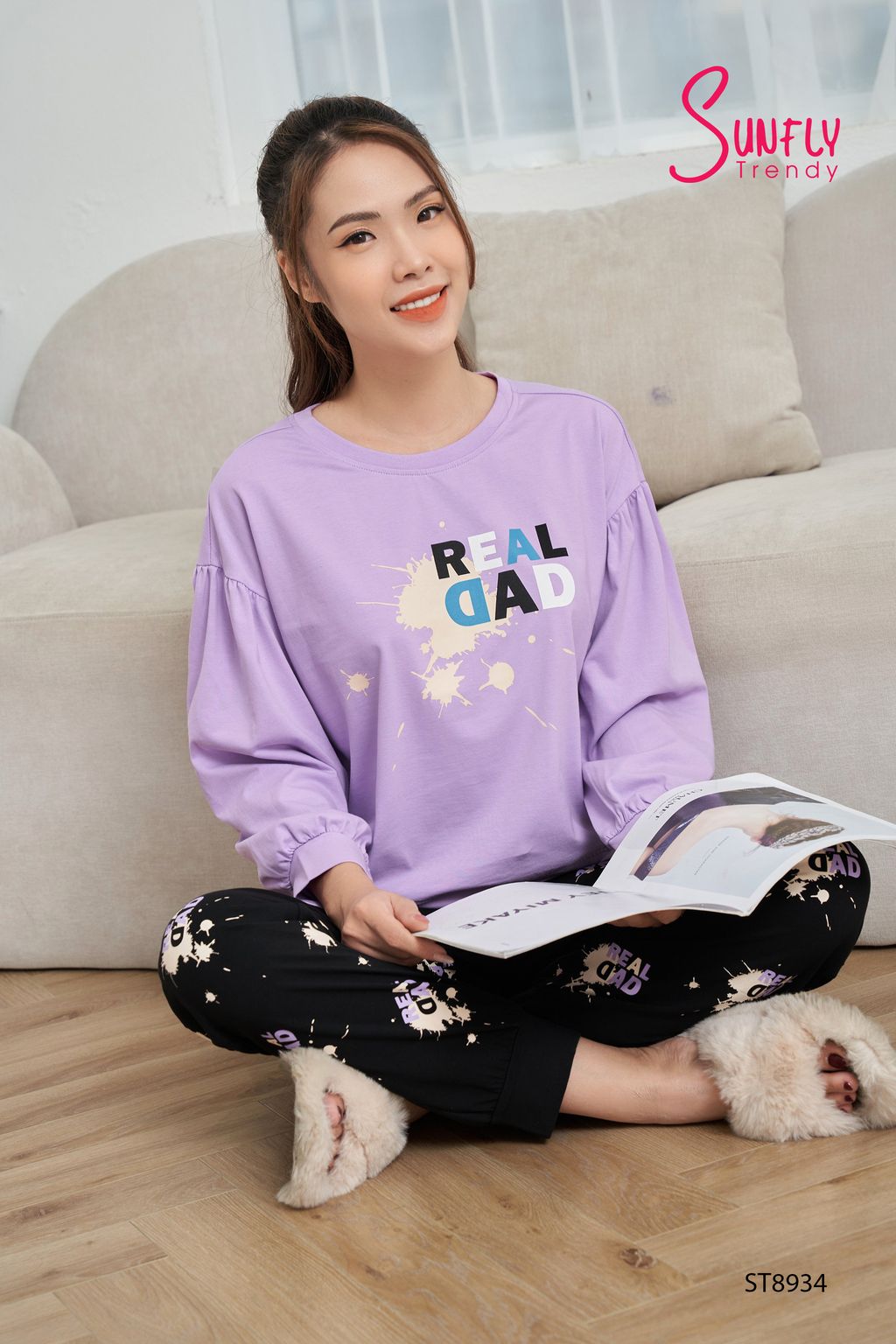 Đồ bộ mặc nhà cotton áo dài quần dài ST8934