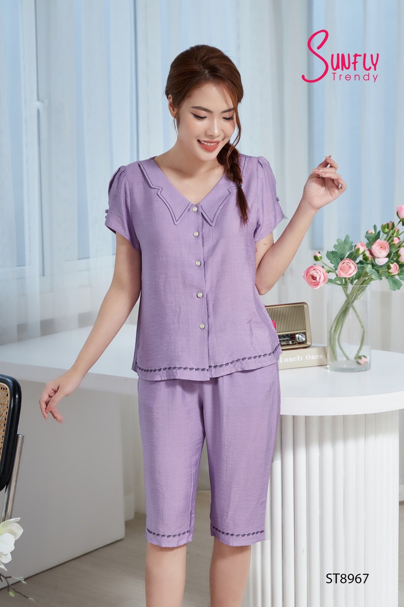 Bộ pijamas linen áo cộc quần ngố ST8967