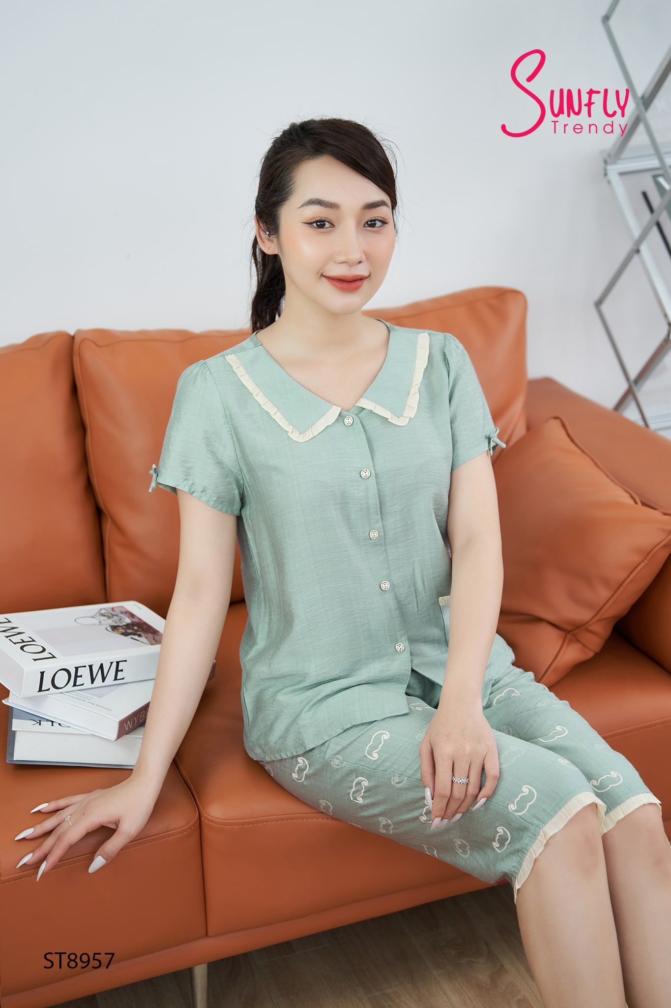 Bộ pijamas linen áo cộc quần ngố ST8957
