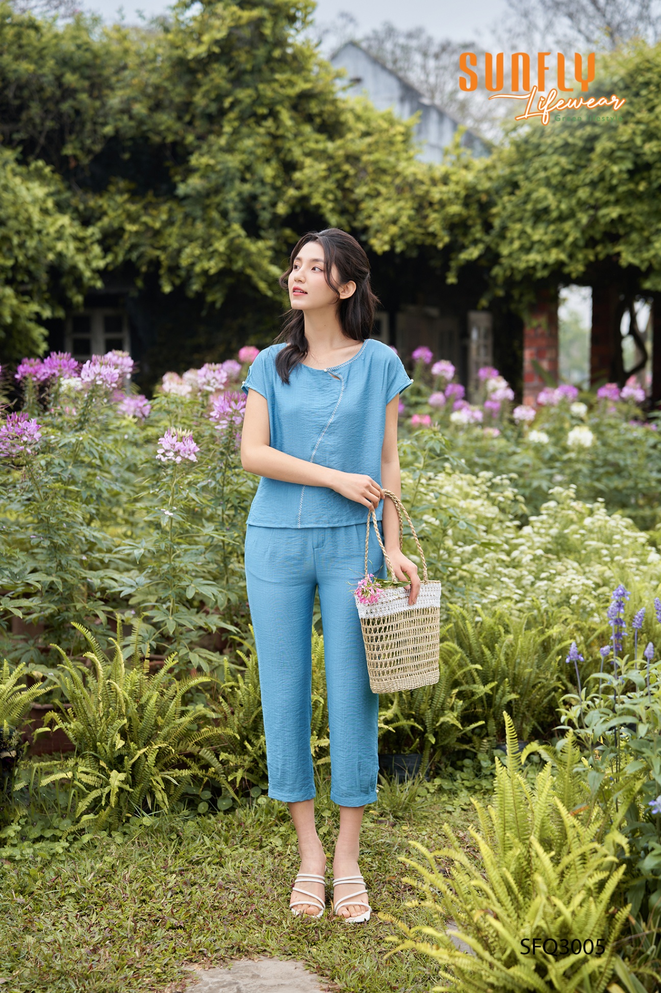 Bộ  linen áo vai chờm tay quần dài SFB3005