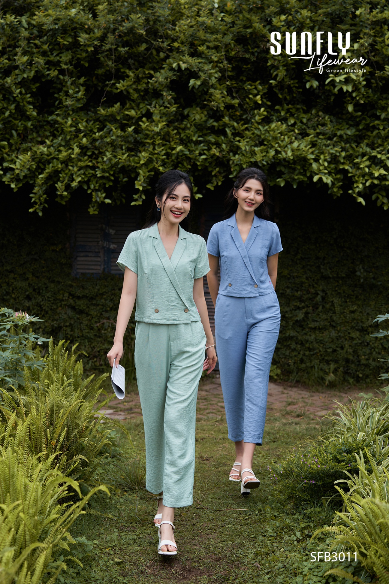 Bộ linen tưng cổ 2 ve áo cộc quần baggy SFB3011