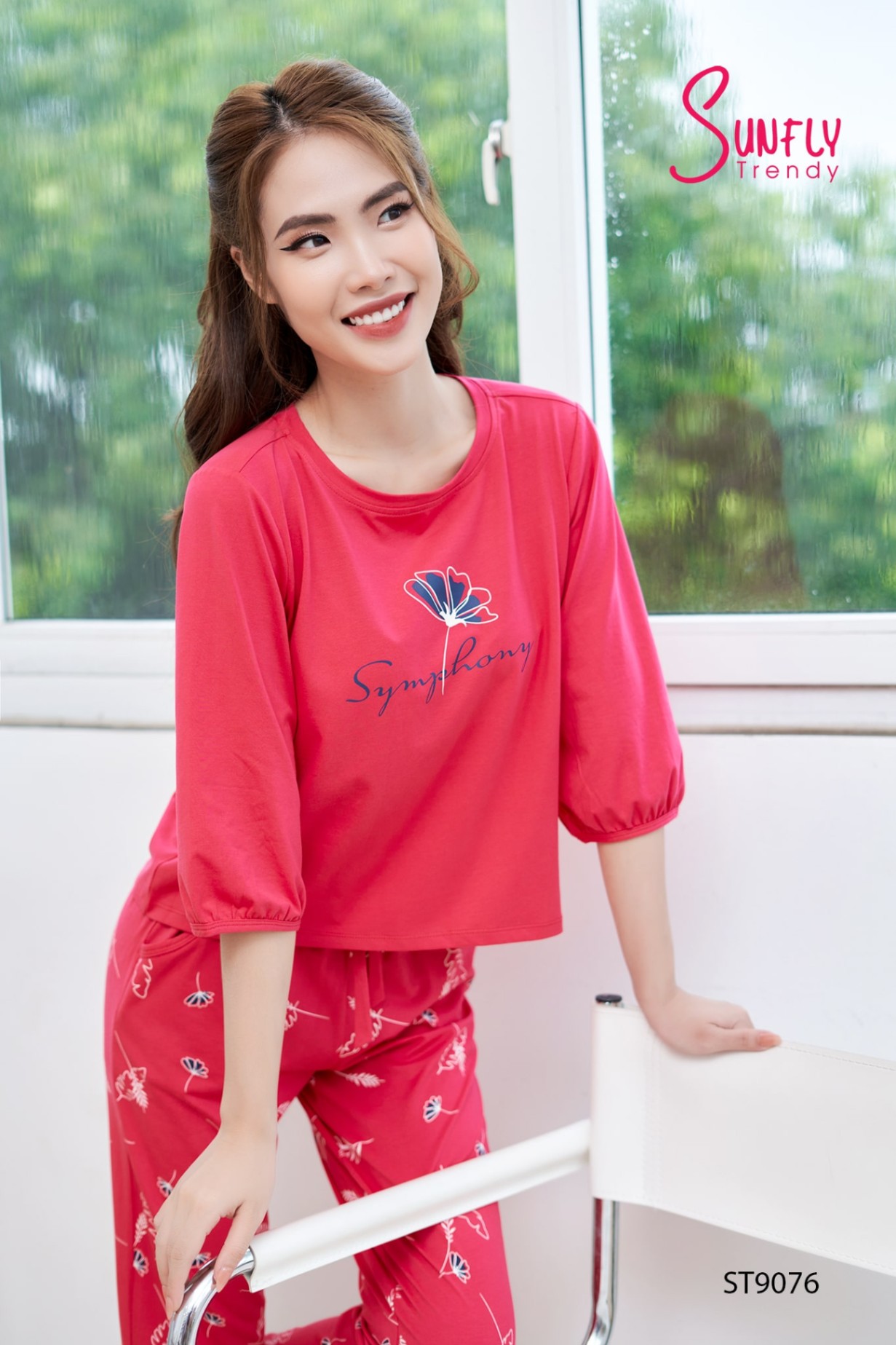 Đồ bộ mặc nhà cotton áo tay lỡ quần dài ST9076