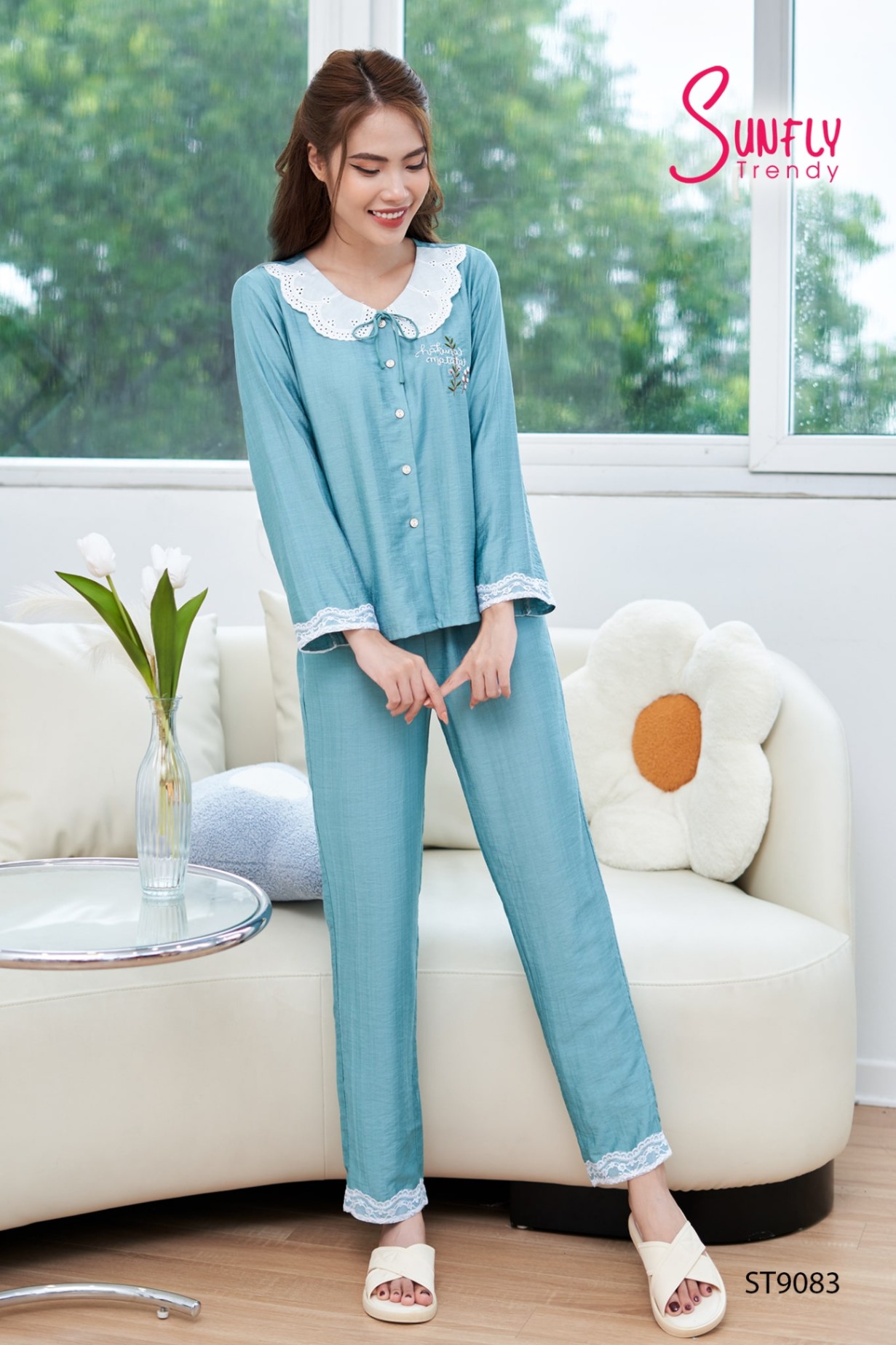 Bộ pijamas linen áo dài quần dài ST9083
