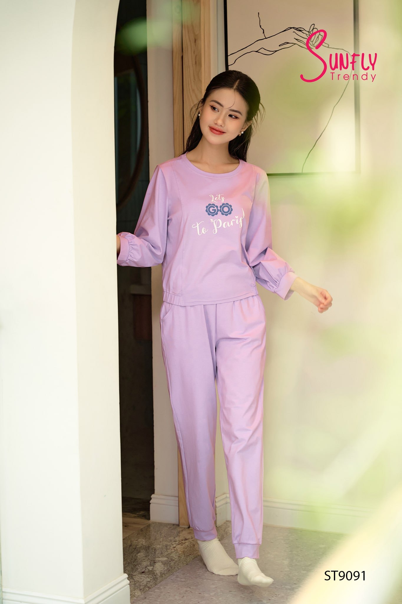 Đồ bộ mặc nhà cotton áo dài quần dài ST9091