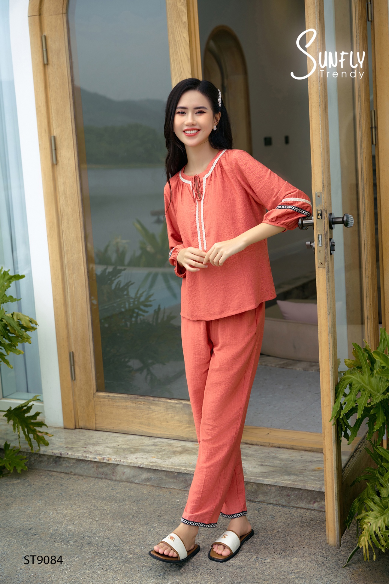 Đồ bộ mặc nhà linen áo tay lỡ quần dài ST9084