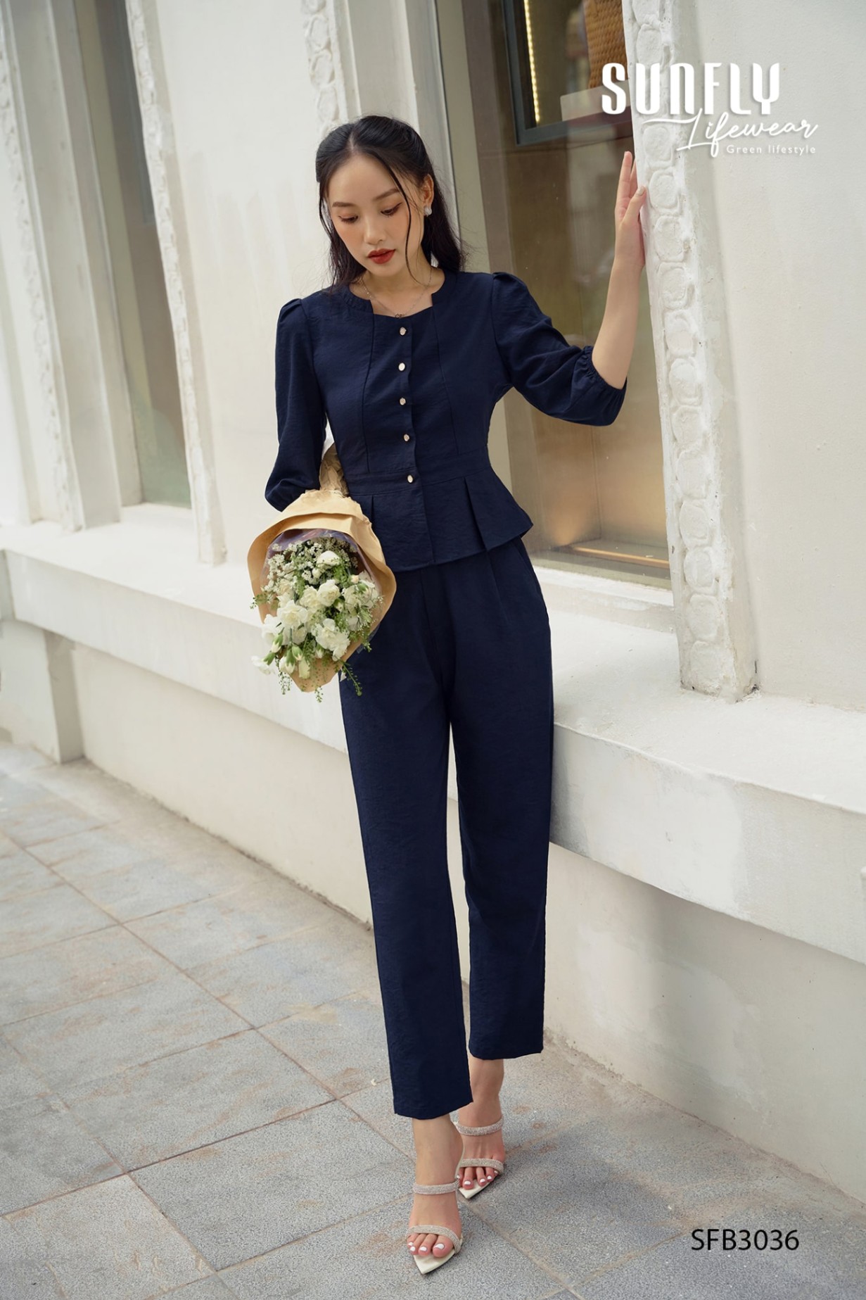Bộ linen thun áo tay phồng quần côn SFB3036