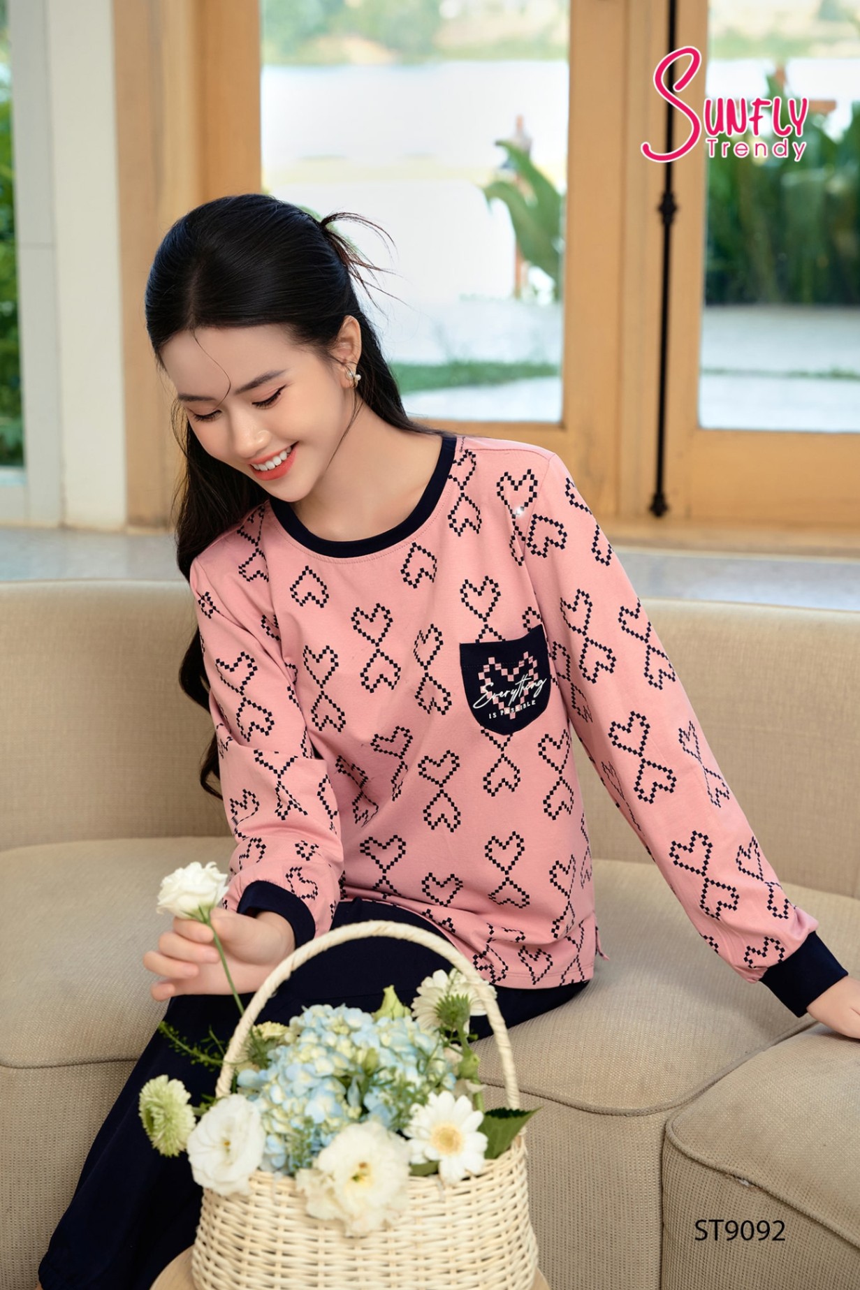 Đồ bộ mặc nhà cotton áo dài quần dài ST9092