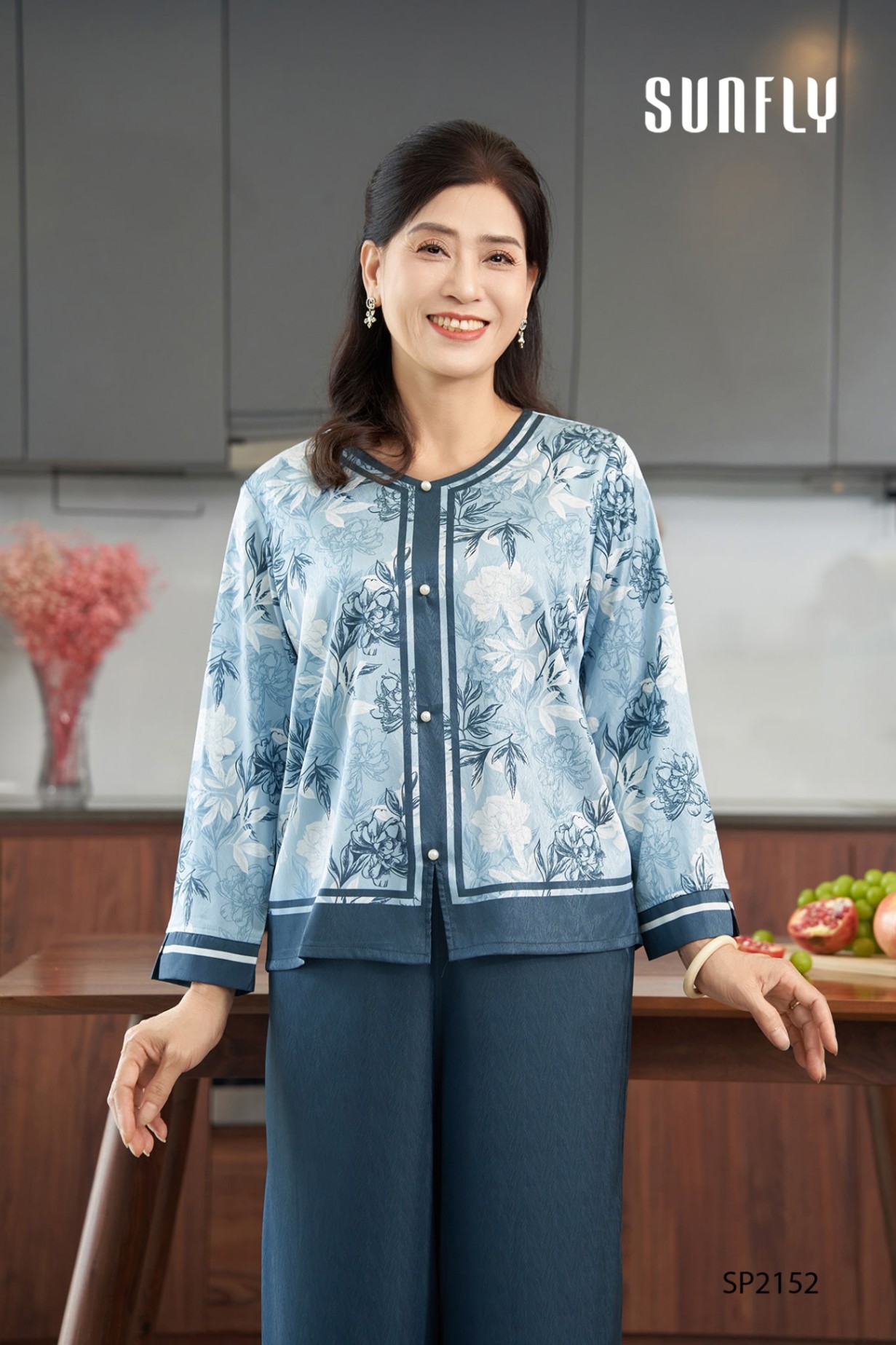 Đồ bộ mặc nhà lụa gấm áo tay lỡ dài quần dài SP2152
