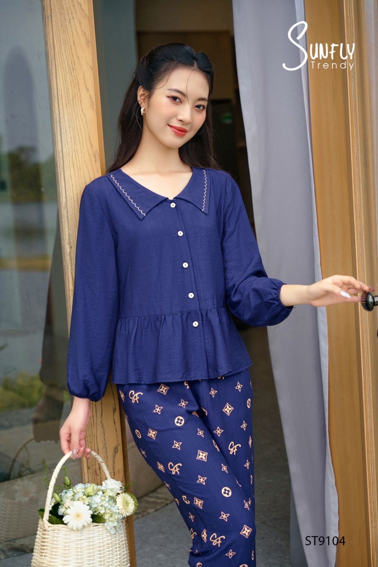 Bộ pijamas linen áo tay lỡ dài quần dài ST9104