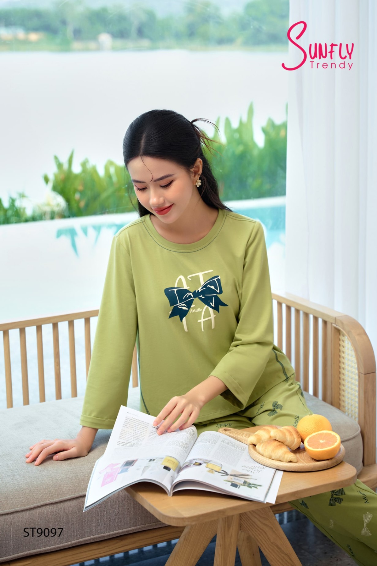 Đồ bộ mặc nhà cotton áo tay lỡ dài quần dài ST9097