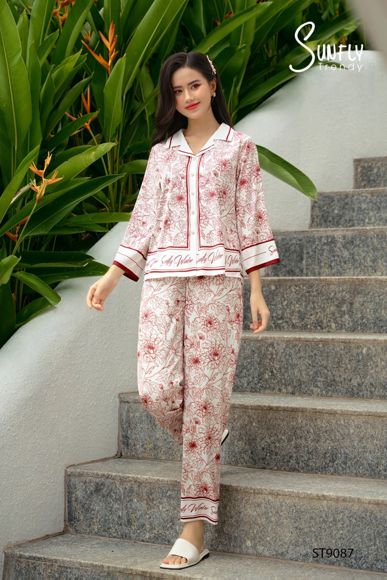Bộ pijamas lụa áo tay lỡ dài quần dài ST9087