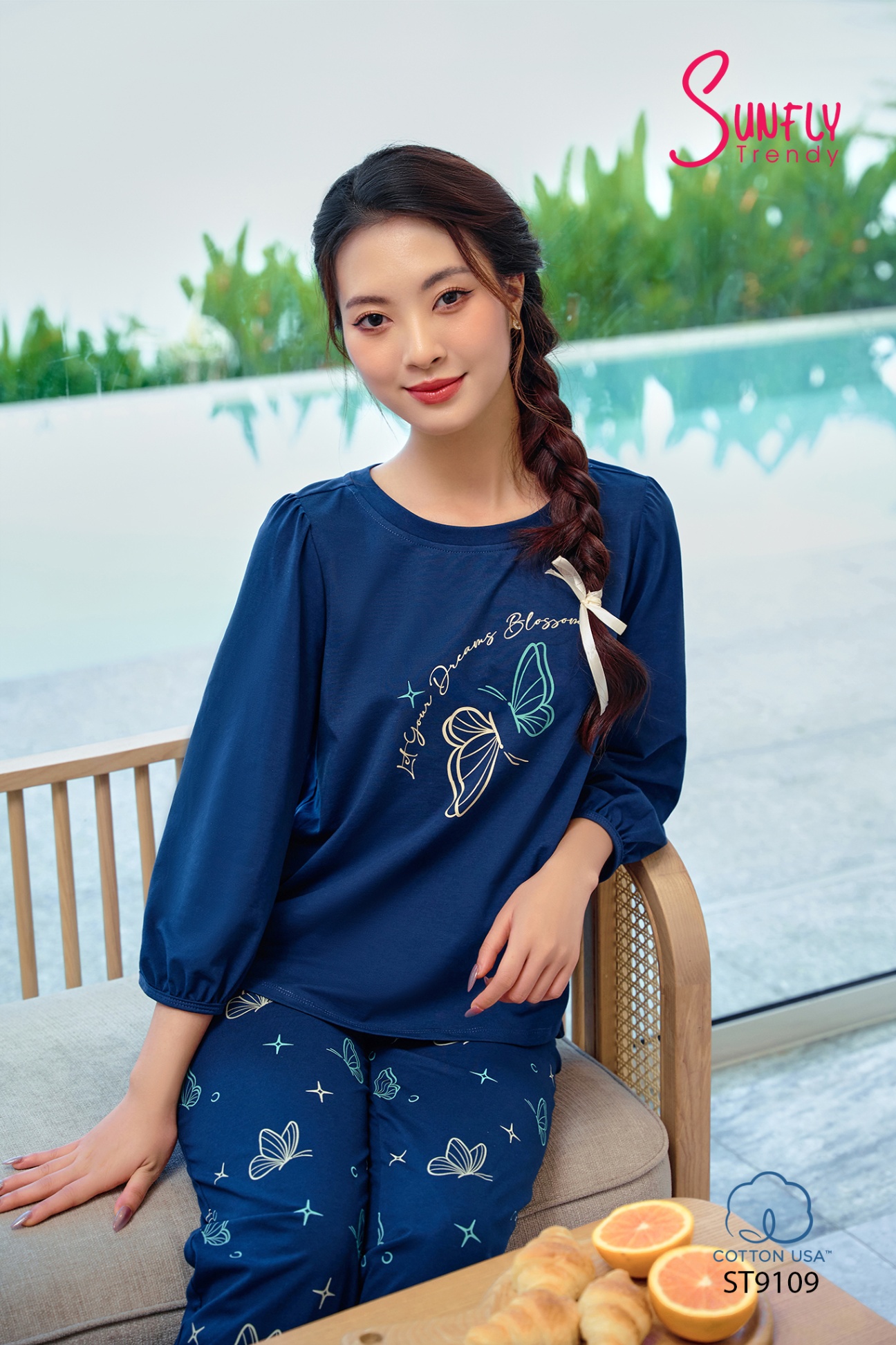 Đồ bộ mặc nhà cotton áo tay lỡ quần dài ST9109
