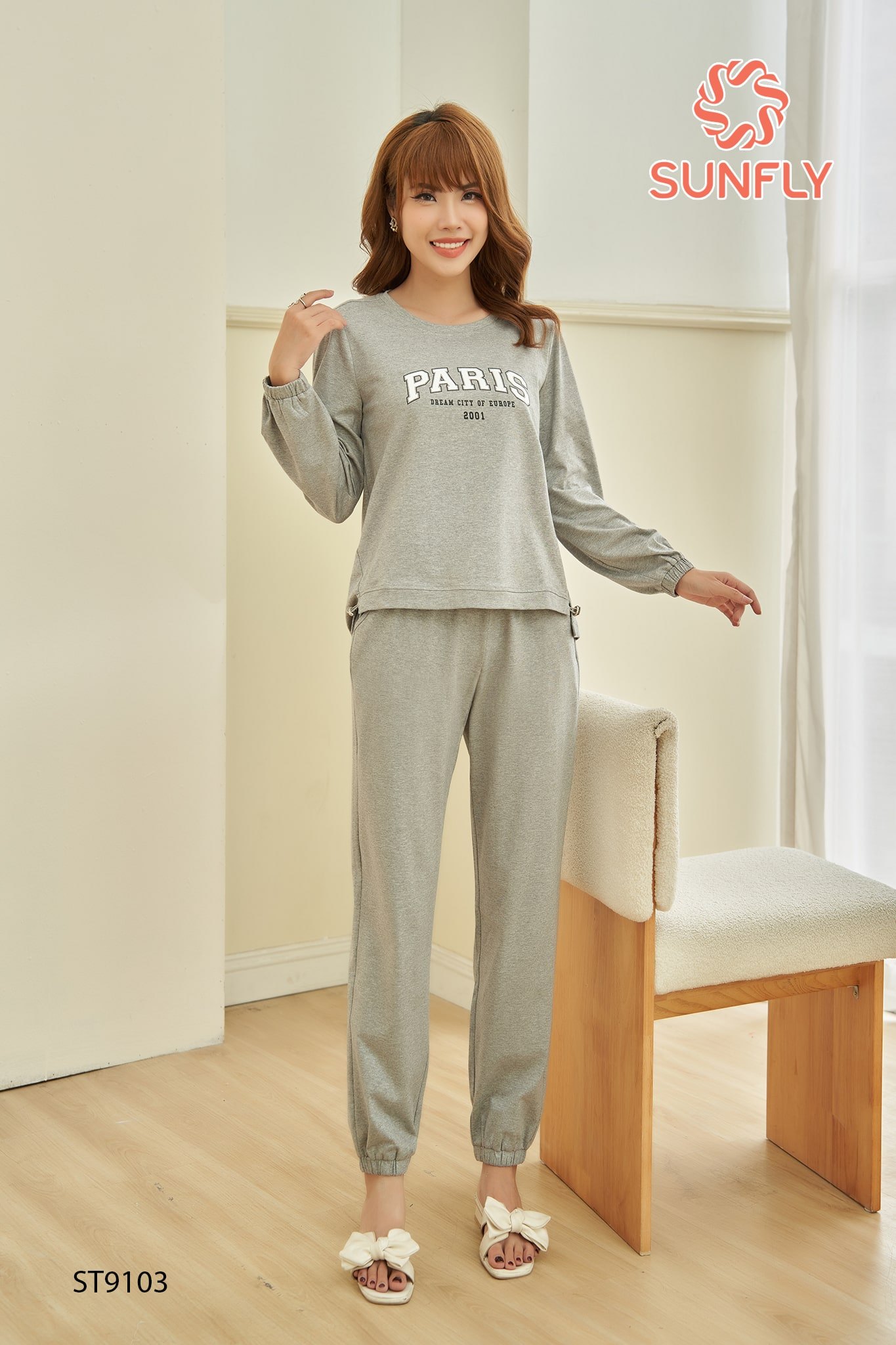 Đồ bộ mặc nhà cotton áo dài quần dài ST9103