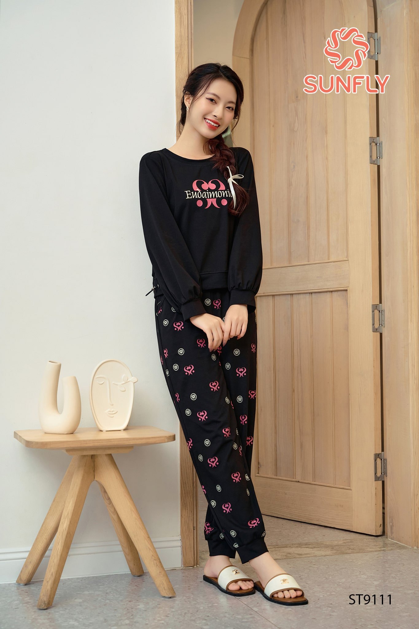 Đồ bộ mặc nhà cotton áo dài quần dài ST9111