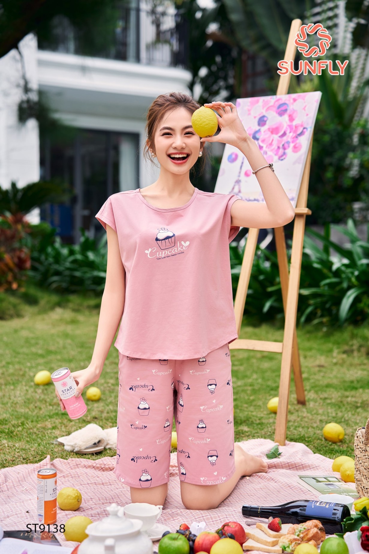 Đồ bộ mặc nhà nữ cotton áo tay chờm quần trên gối ST9138