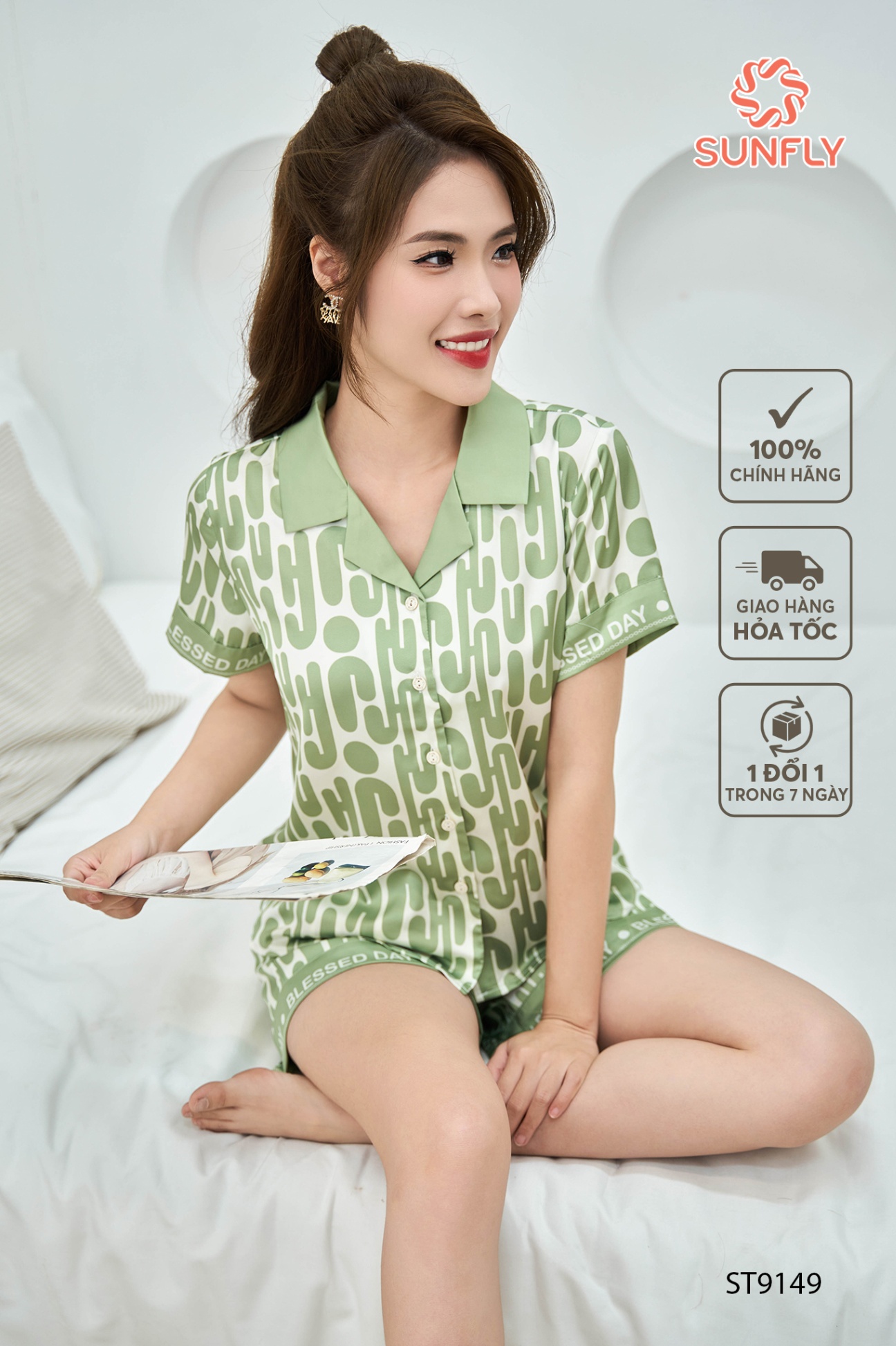 Bộ pijamas  nữ lụa latin áo cộc quần sooc ST9149