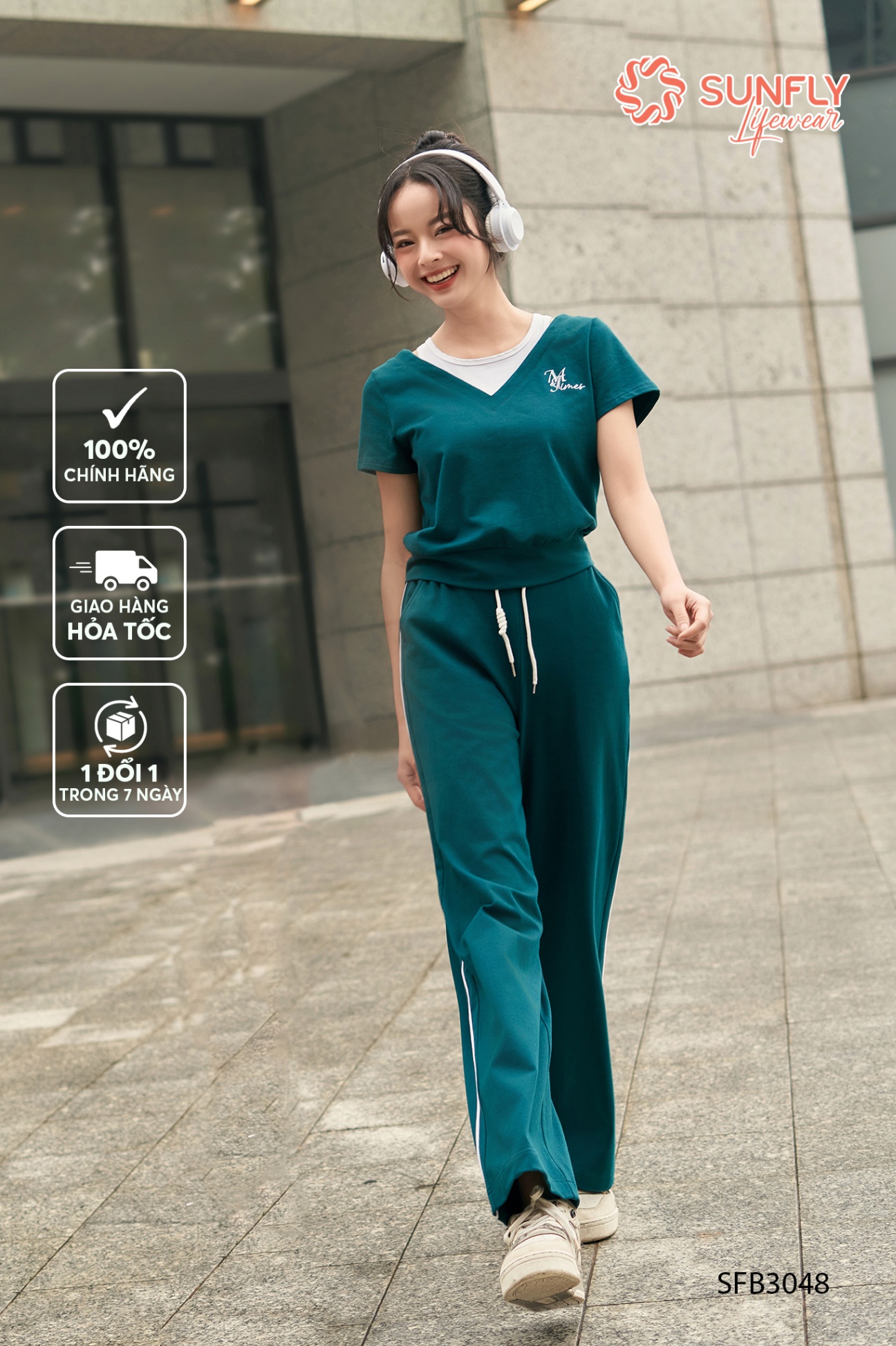 Set đồ nữ cotton dệt kim áo cộc quần suông dài SFB3048