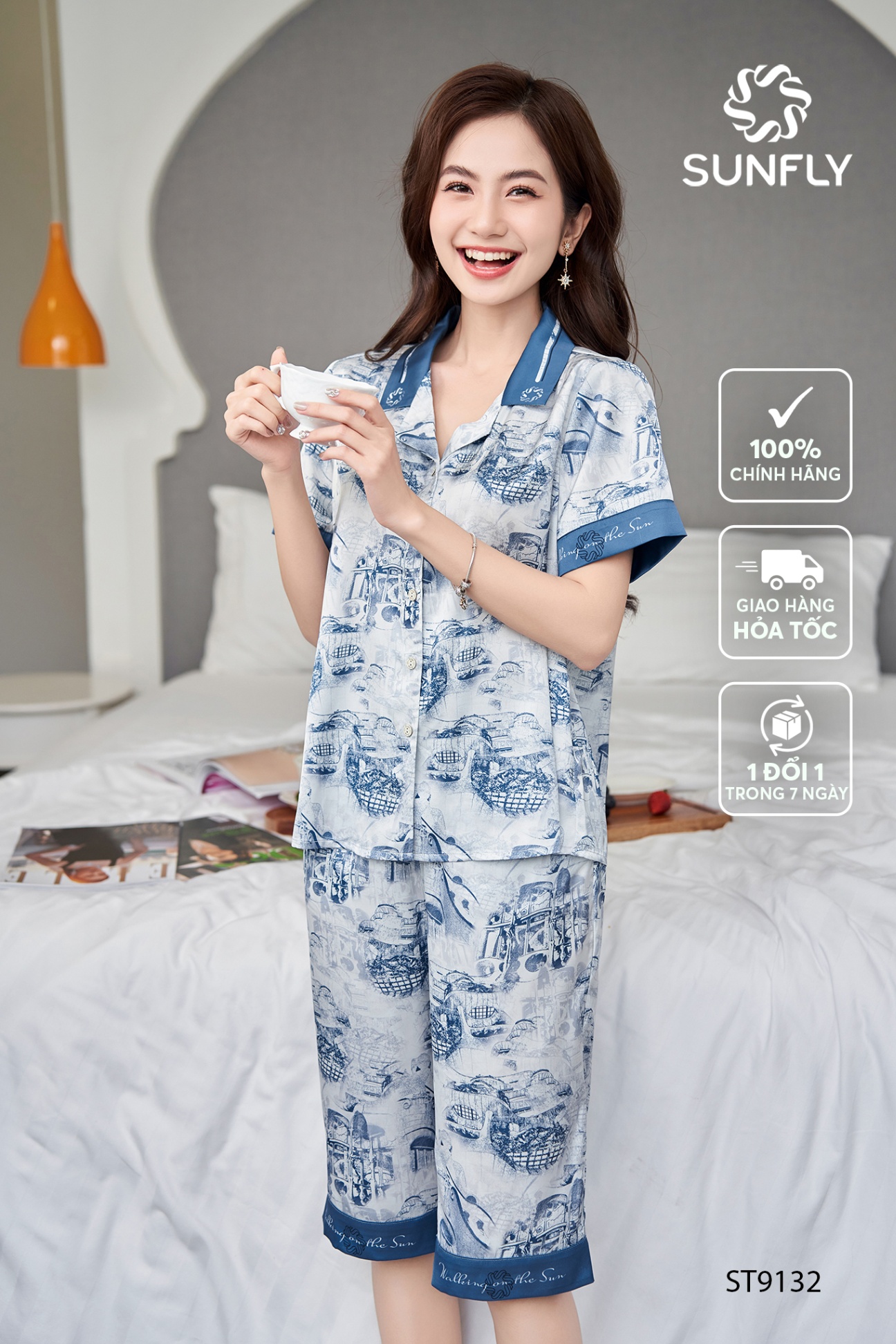 Bộ pijamas  nữ lụa latin áo cộc quần ngố ST9132