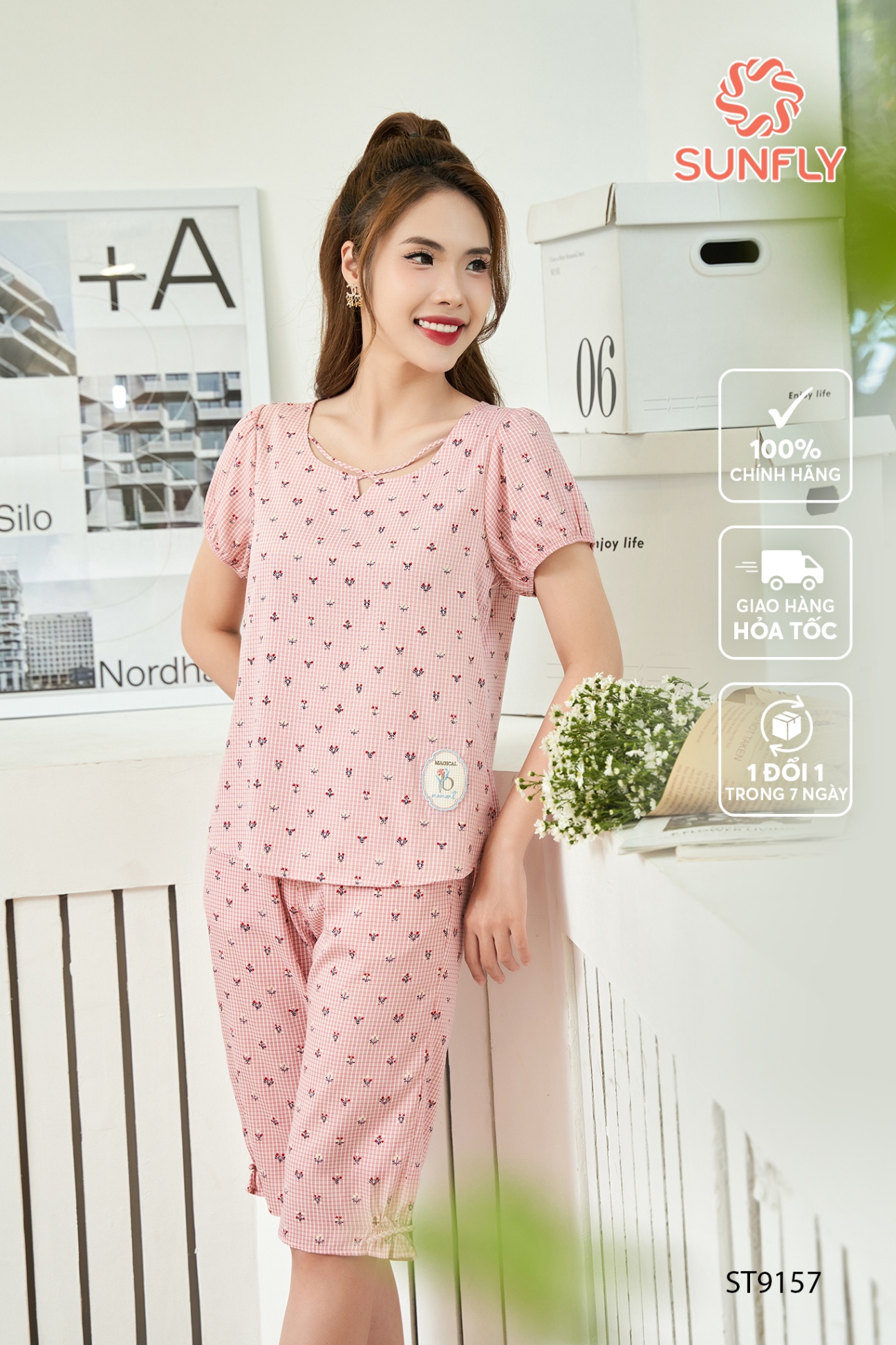 Đồ bộ mặc nhà nữ kate áo cộc quần ngố ST9157