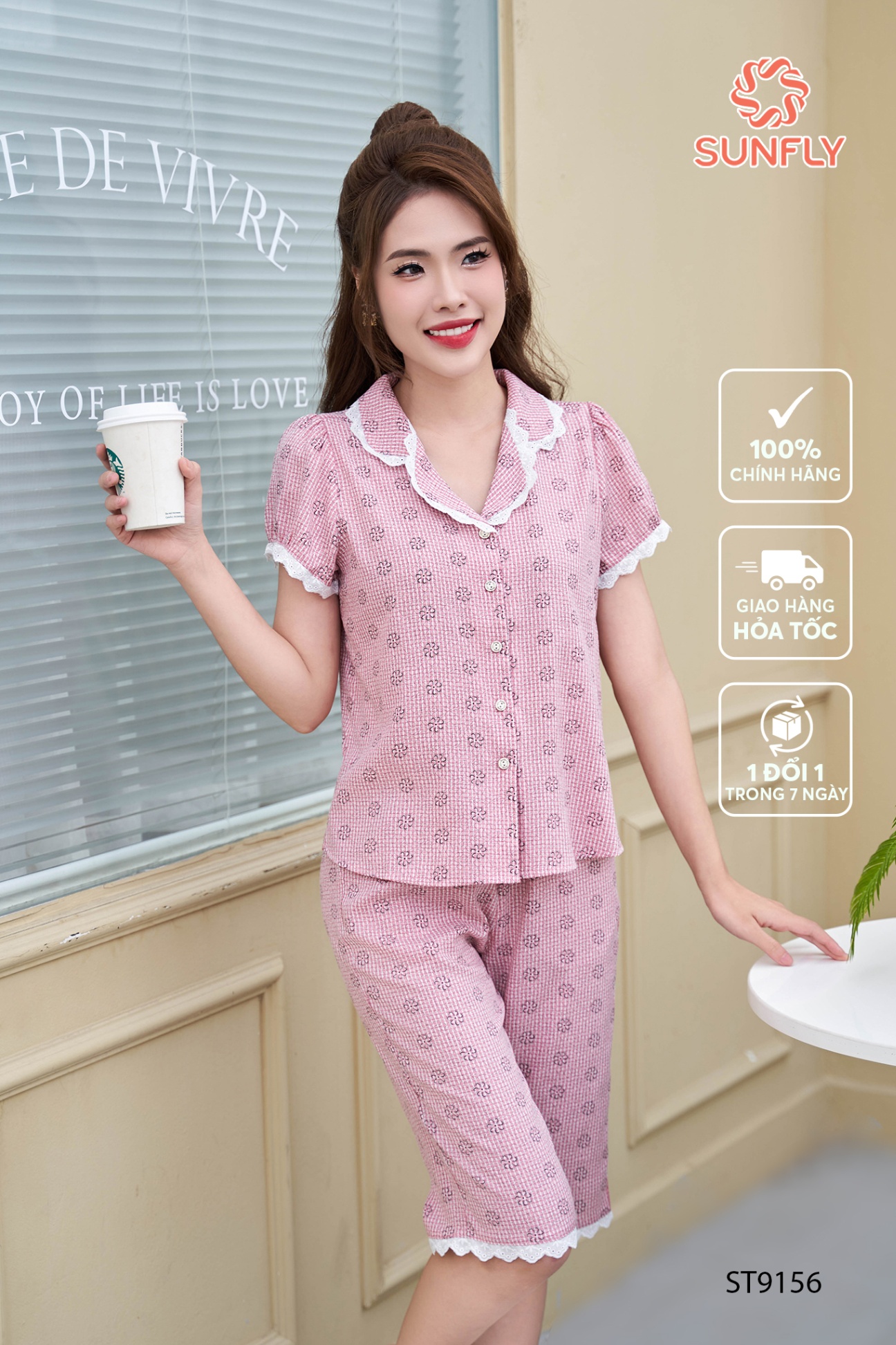 Bộ pijamas nữ kate họa tiết áo cộc quần ngố ST9156