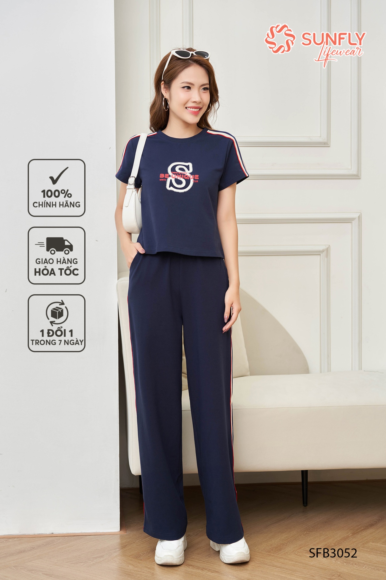 Set đồ nữ cotton dệt kim áo cộc croptop quần suông dài SFB3052